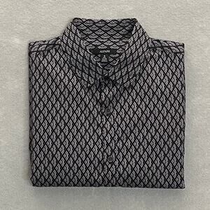 Alfani Men's Medium Button-Up Cotton Dress Shirt Long Sleeve Black Geo Print NEW